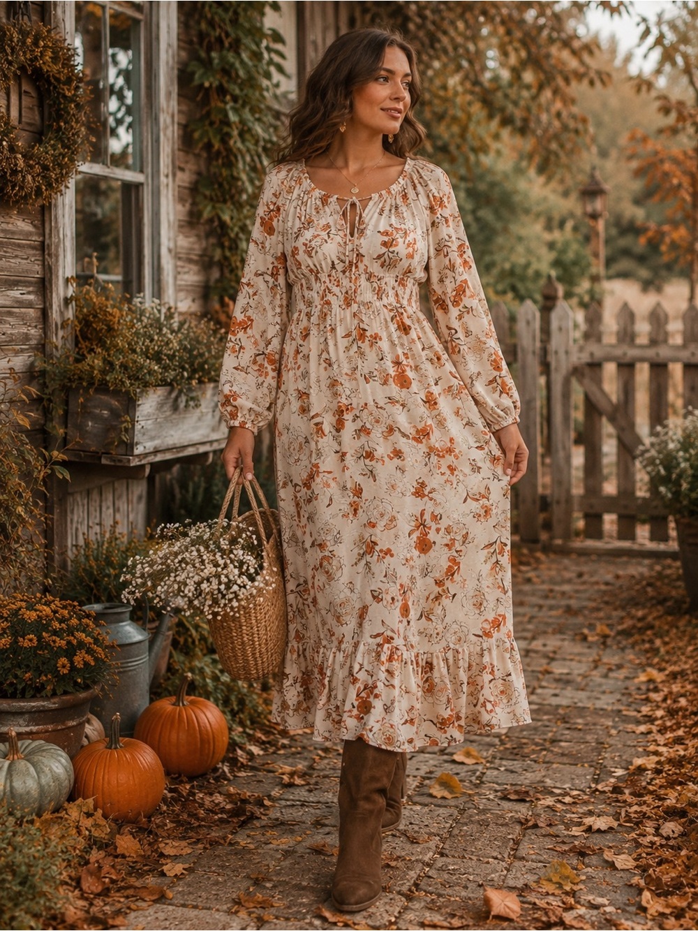Fall Cottagecore Floral Midi Dress Boho Whimsical Rust Cream Prairie Romantic